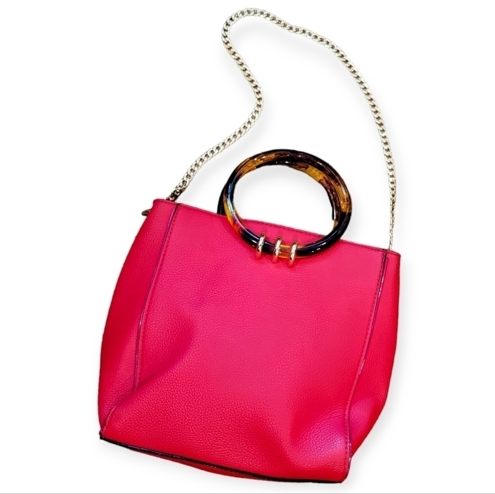 Gianni Bini Red Vegan Leather Purse Tortoise Ring Handles and Chain strap